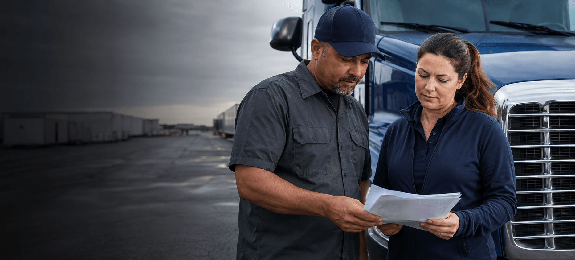 A truck driver and safety professional reviewing paperwork beside a semi truck